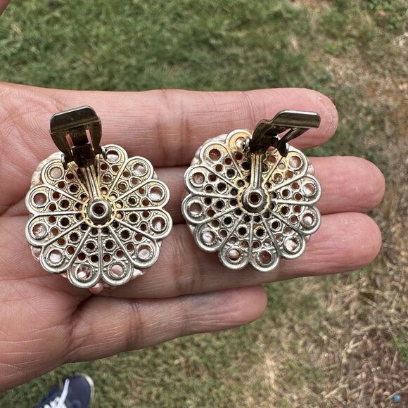 VTG Flower Earrings Pink Cab Jelly Belly Optic Glass Silver Tone Clip-On 1.25" - Picture 6 of 9